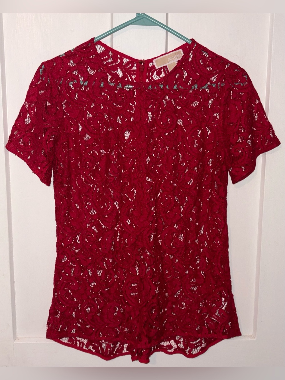 Michael Kors Ruby Red Floral Lace Short Sleeve Blouse size S